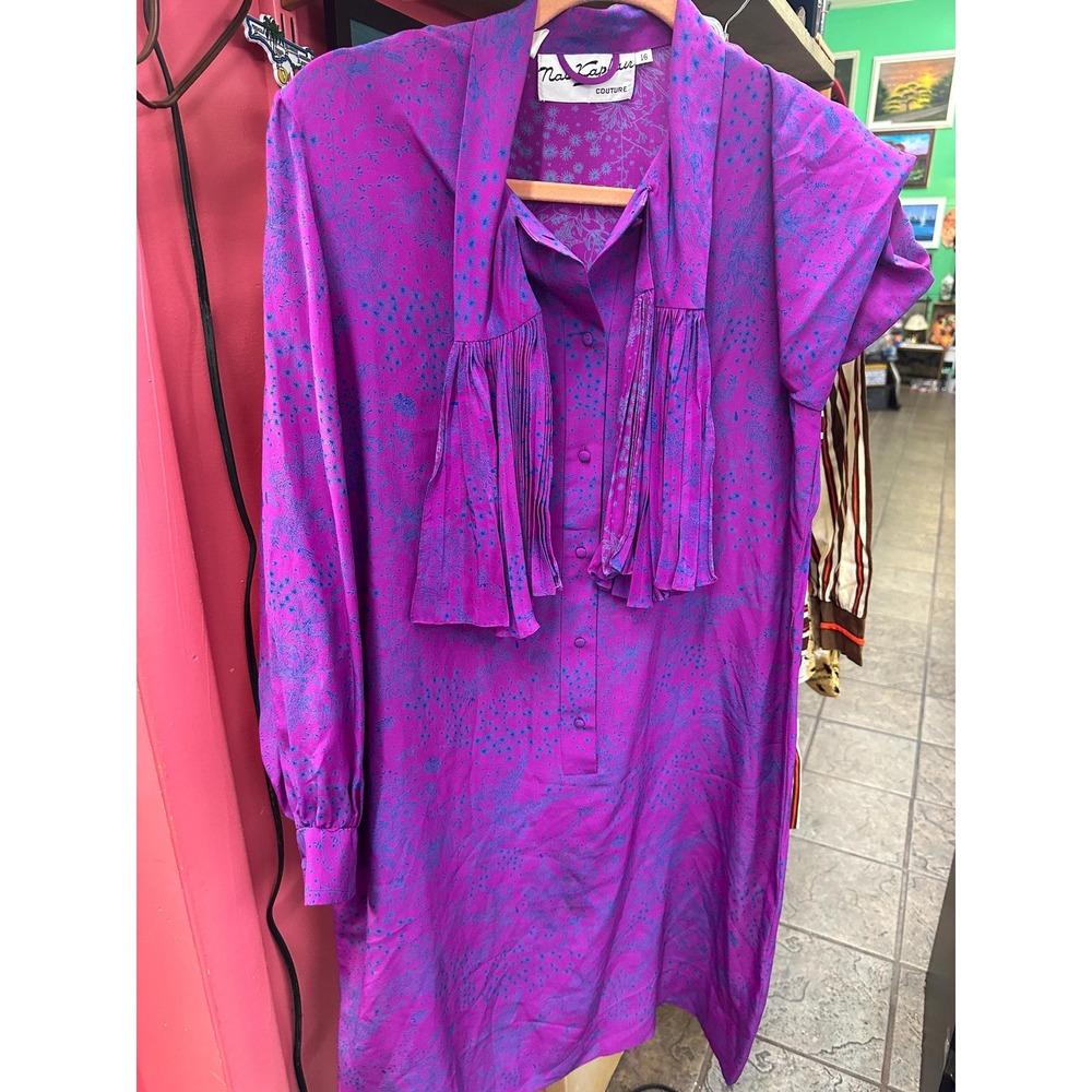 Vintage 1960s Nat Kaplan Couture Silk Purple  Floral Print Shirt Dress